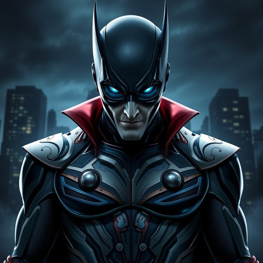 An imposing image of a supervillain, clad in a uniquely designed, form-fitting suit that has been expertly adjusted to enhance both style and functionality