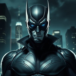 An imposing image of a supervillain, clad in a uniquely designed, form-fitting suit that has been expertly adjusted to enhance both style and functionality