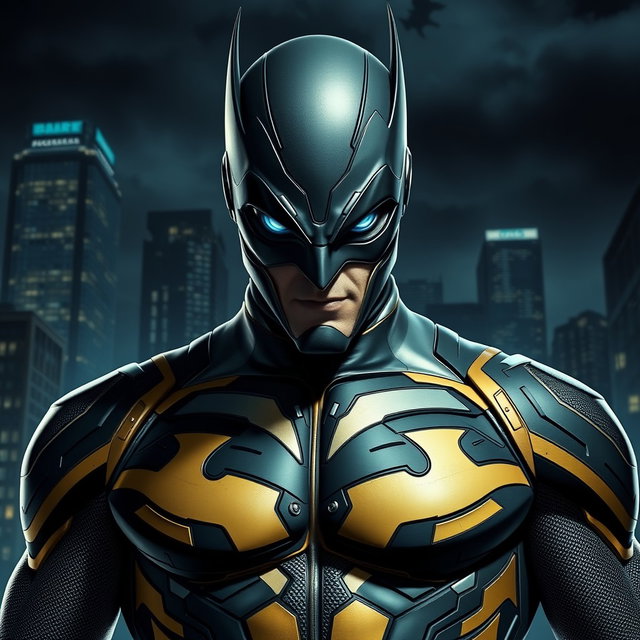 An imposing image of a supervillain, clad in a uniquely designed, form-fitting suit that has been expertly adjusted to enhance both style and functionality