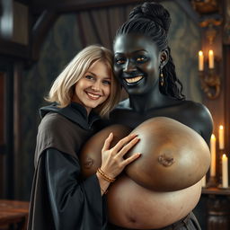 In a medieval room, a very happy malnourished 19-year-old blonde woman, short with medium-length hair and wearing a noble cloak with a long collar, embracing a tall, dark-skinned woman with a wicked smile