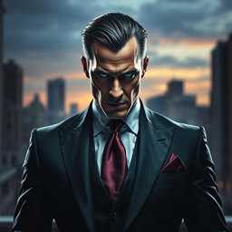 A powerful image of a supervillain characterized by a meticulously adjusted suit that combines elements of both elegance and menace