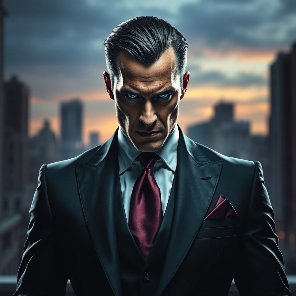 A powerful image of a supervillain characterized by a meticulously adjusted suit that combines elements of both elegance and menace