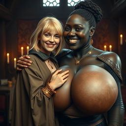 In a medieval room, a very happy malnourished 19-year-old blonde woman, short with medium-length hair and wearing a noble cloak with a long collar, embracing a tall, dark-skinned woman with a wicked smile