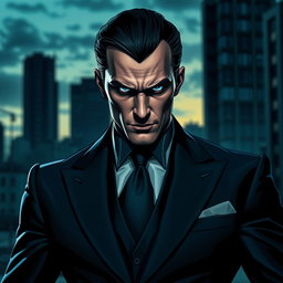 A powerful image of a supervillain characterized by a meticulously adjusted suit that combines elements of both elegance and menace