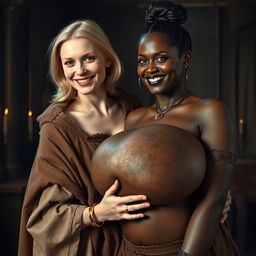 In a medieval room, a very happy malnourished 19-year-old blonde woman, short with medium-length hair and wearing a noble cloak with a long collar, embracing a tall, dark-skinned woman with a wicked smile
