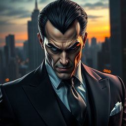 A powerful image of a supervillain characterized by a meticulously adjusted suit that combines elements of both elegance and menace