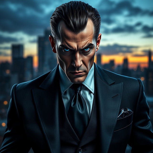 A powerful image of a supervillain characterized by a meticulously adjusted suit that combines elements of both elegance and menace