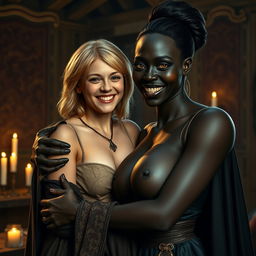 In a medieval room, a very happy malnourished 19-year-old blonde woman, short with medium-length hair and wearing a noble cloak with a long collar