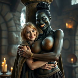 By a pillar in a medieval room, a very happy malnourished 19-year-old blonde woman, short with medium-length hair and wearing a noble cloak with a long collar, is joyfully embracing a tall, dark-skinned woman with a wicked smile
