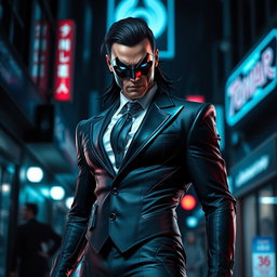 A dynamic portrayal of a supervillain standing confidently in a dramatic pose