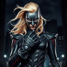 A striking image of a supervillain standing in a dramatic pose, wearing a sleek, metallic mask and stylish gloves