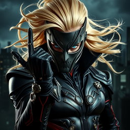 A striking image of a supervillain standing in a dramatic pose, wearing a sleek, metallic mask and stylish gloves