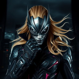 A striking image of a supervillain standing in a dramatic pose, wearing a sleek, metallic mask and stylish gloves