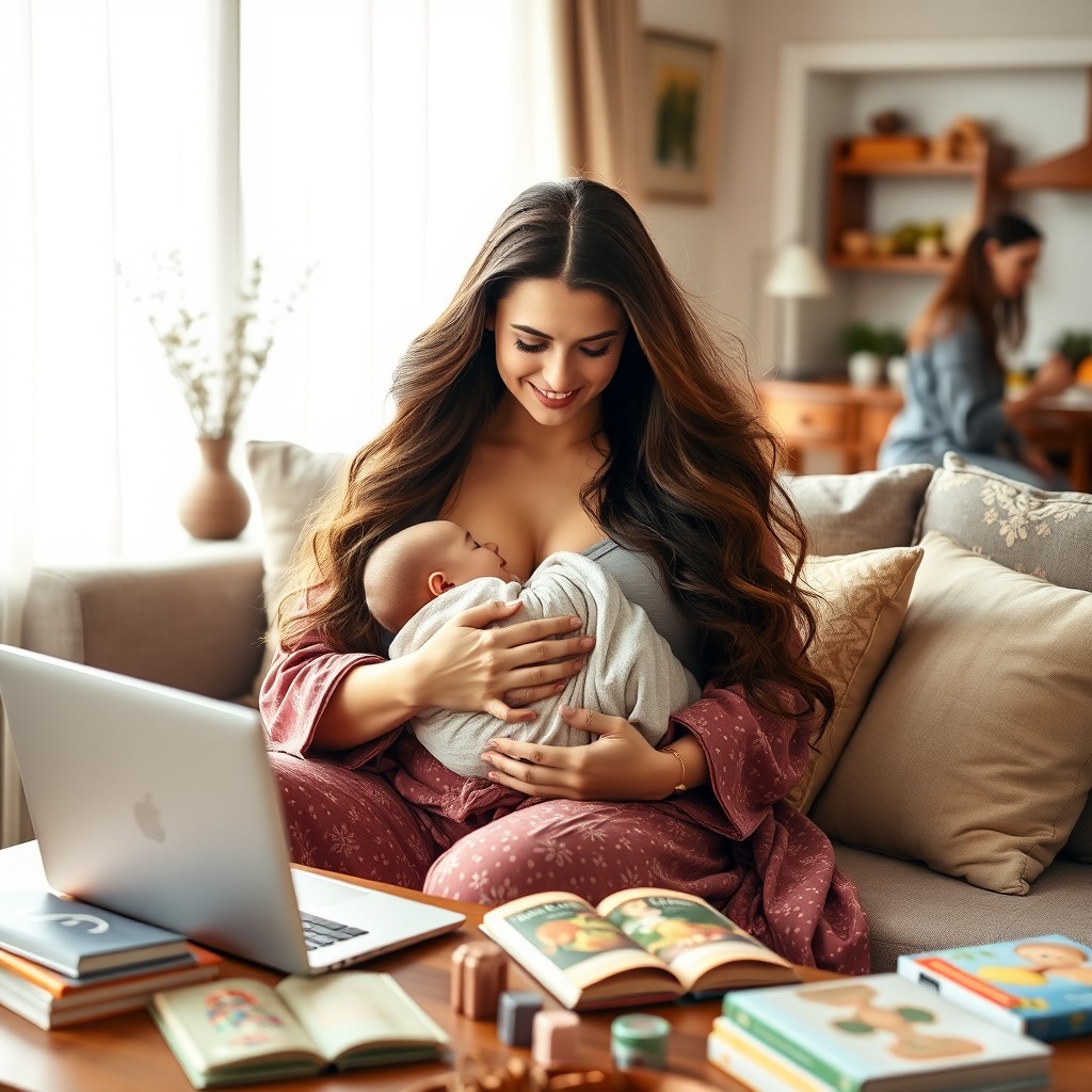 A majestic-looking breastfeeding mother multitasking at home, gracefully handling various tasks while nurturing her baby