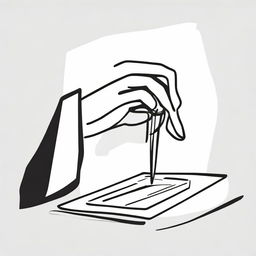 A stick-figure-style drawing featuring a hand reaching for a pen on a table.