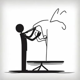 A stick-figure-style drawing featuring a hand reaching for a pen on a table.