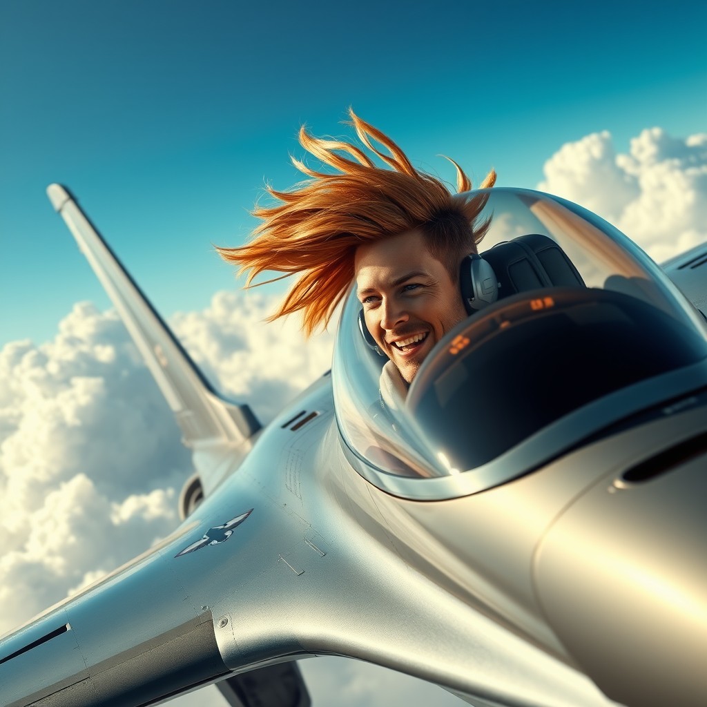 A dynamic and adventurous scene depicting a fighter pilot resembling a famous football player, soaring through the clouds in a sleek, modern fighter jet