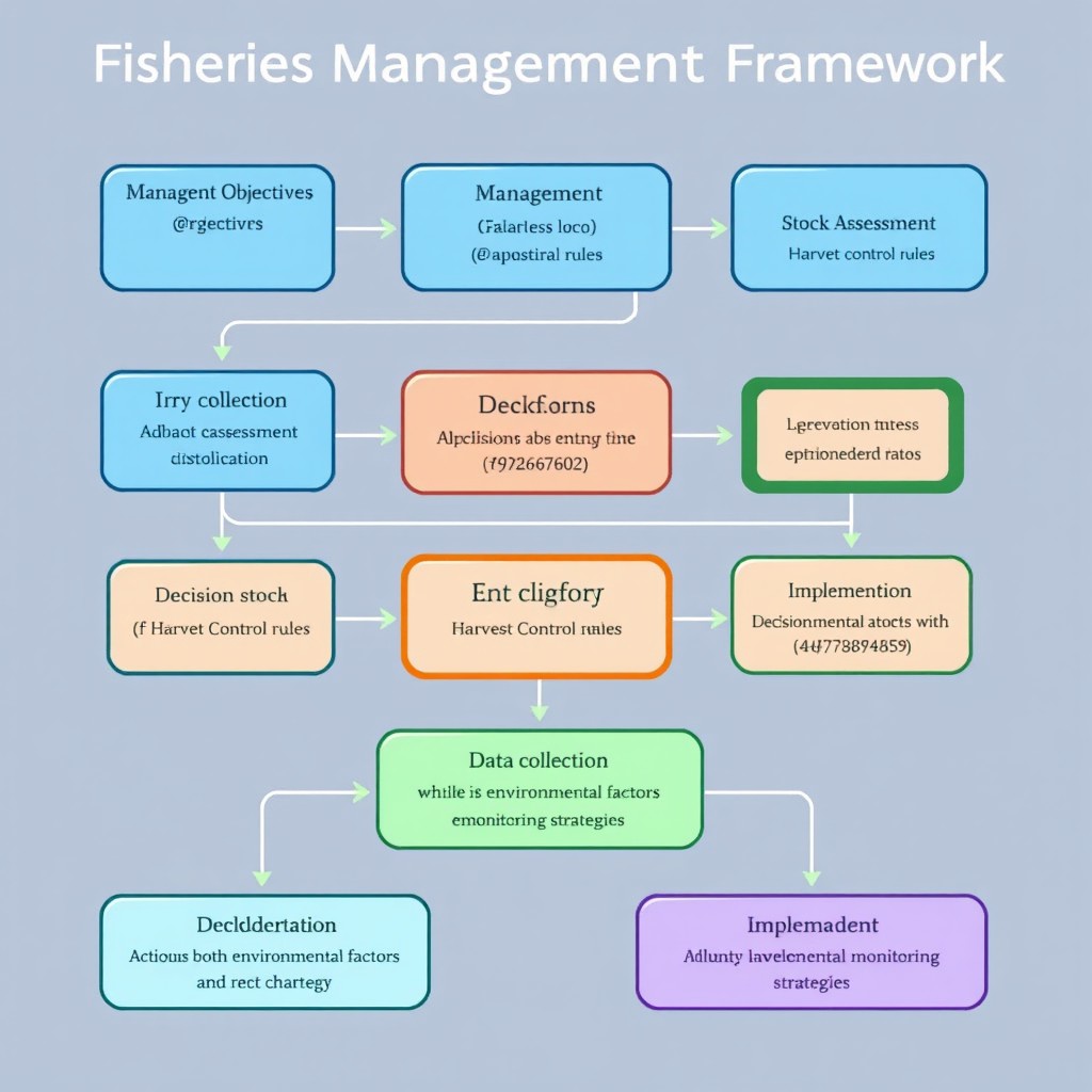An illustrated flowchart representing a Fisheries Management Decision Framework, featuring various boxes with distinct categories: Management Objectives, Stock Assessment, and Harvest Control Rules