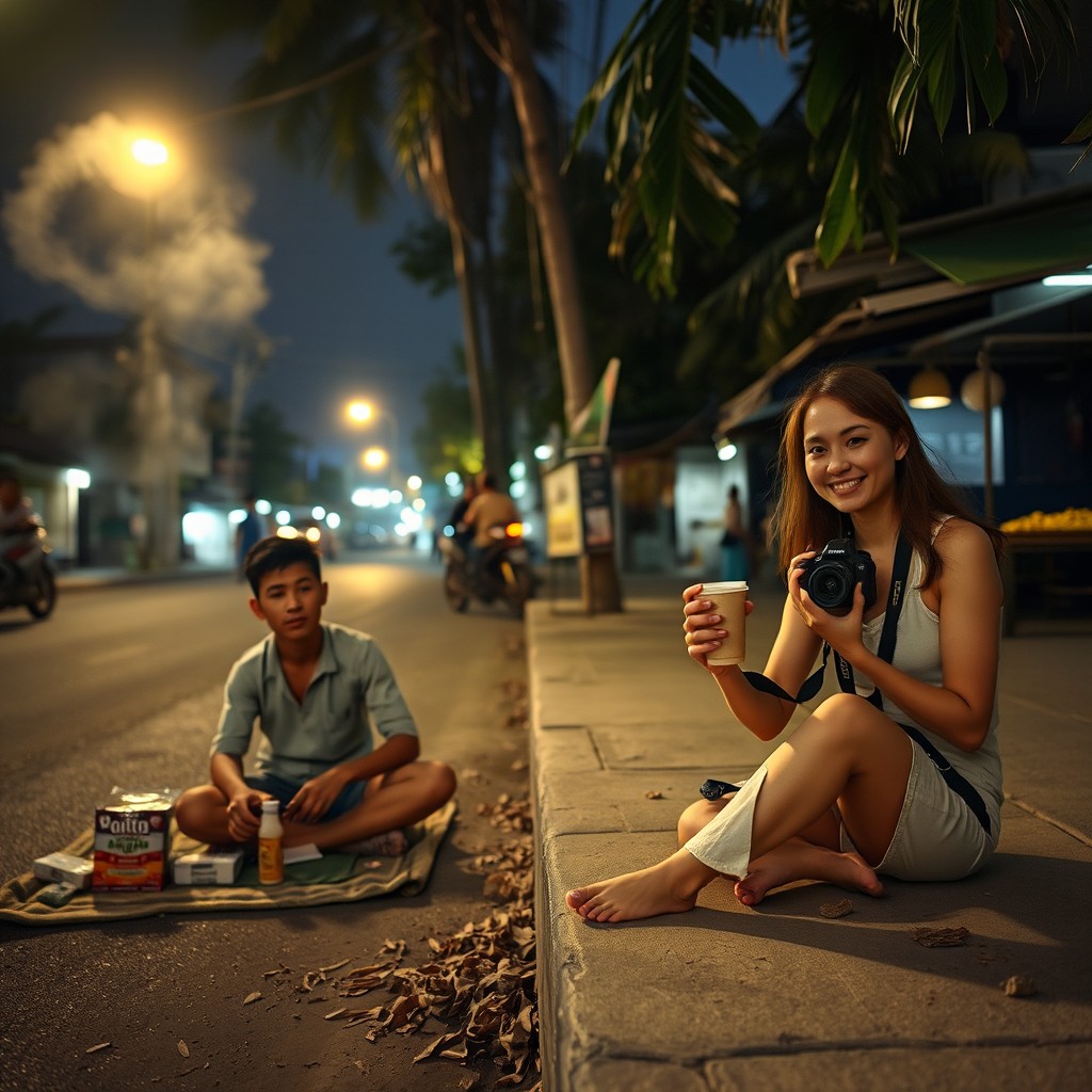 A serene tropical night in a quaint Southeast Asian bazaar street, where a young man sits on a faded mat by the roadside under a soft yellow streetlamp, selling coffee sachets and cigarettes