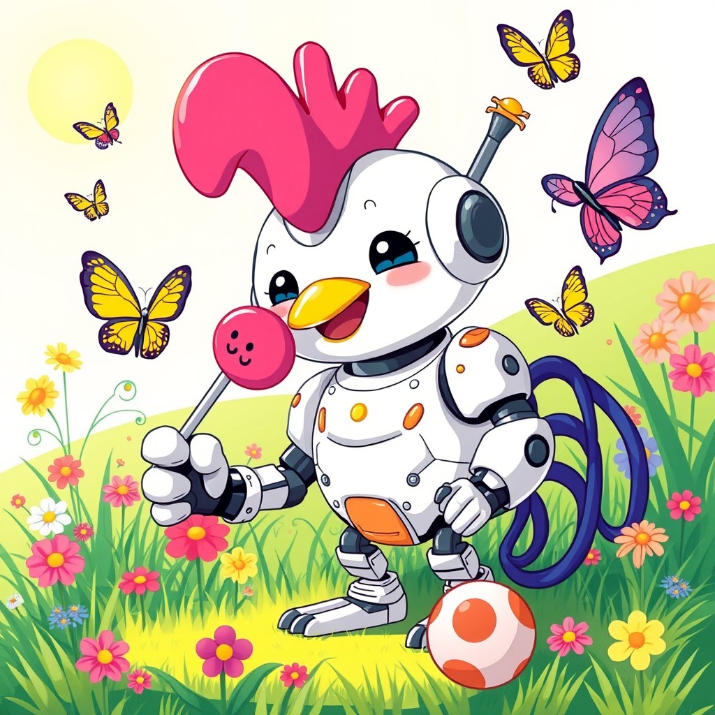 A whimsical cyborg character playfully licking a lollipop shaped like a rooster while joyfully playing with a small ball in a vibrant natural setting