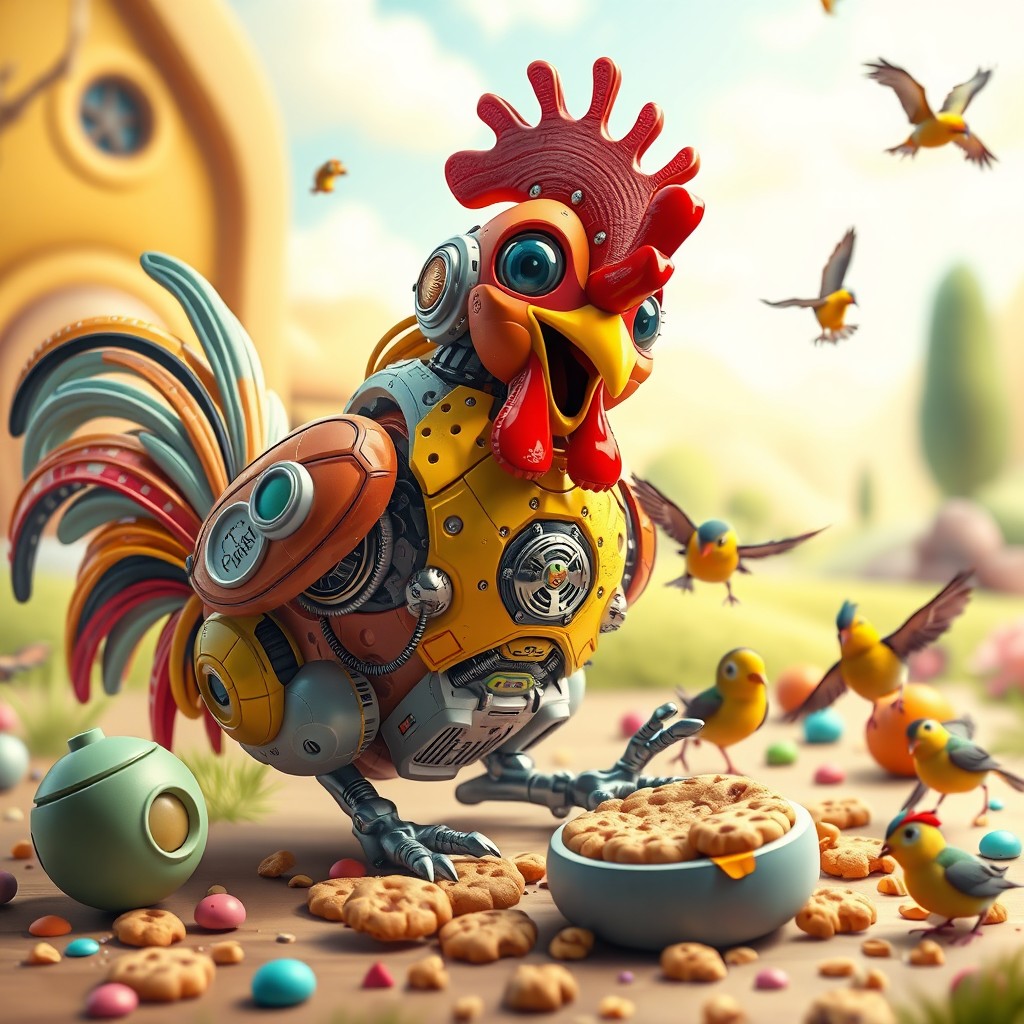 A futuristic cyber chicken joyfully playing with colorful toys while munching on cookies