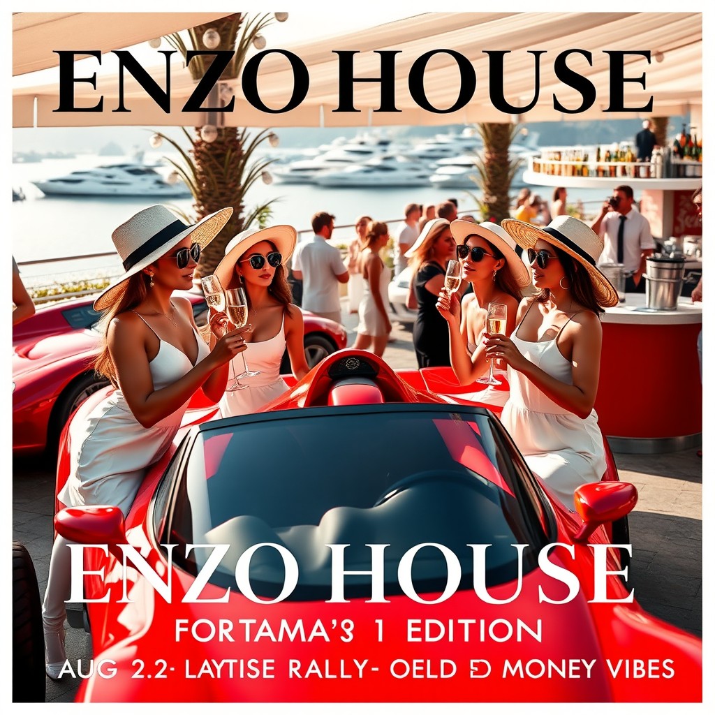 An elegant daytime party scene themed around Formula 1 glamour at Enzo House on August 2