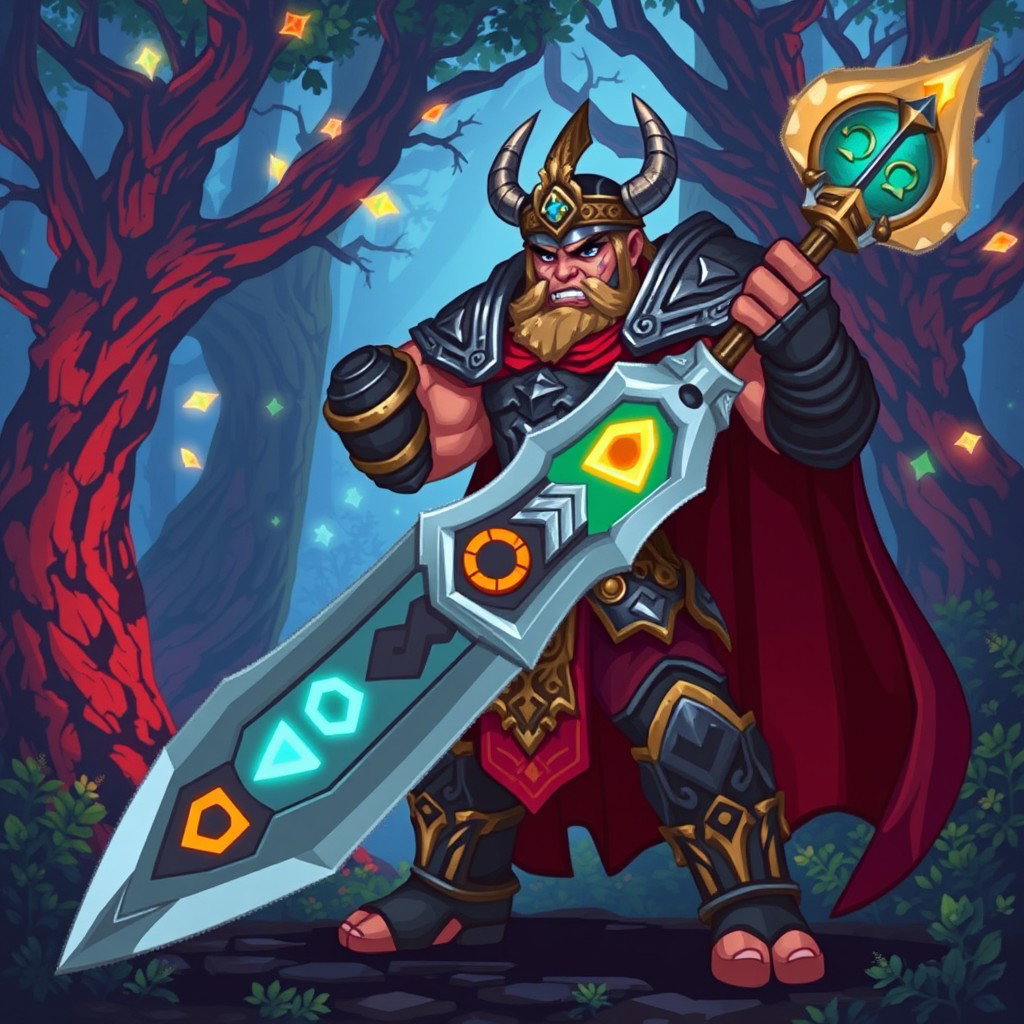 A highly detailed epic pixel art warrior character designed for RPG games, featuring a muscular build dressed in ornate armor, with a fierce expression