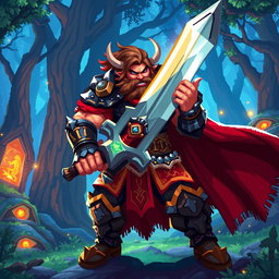 A highly detailed epic pixel art warrior character designed for RPG games, featuring a muscular build dressed in ornate armor, with a fierce expression