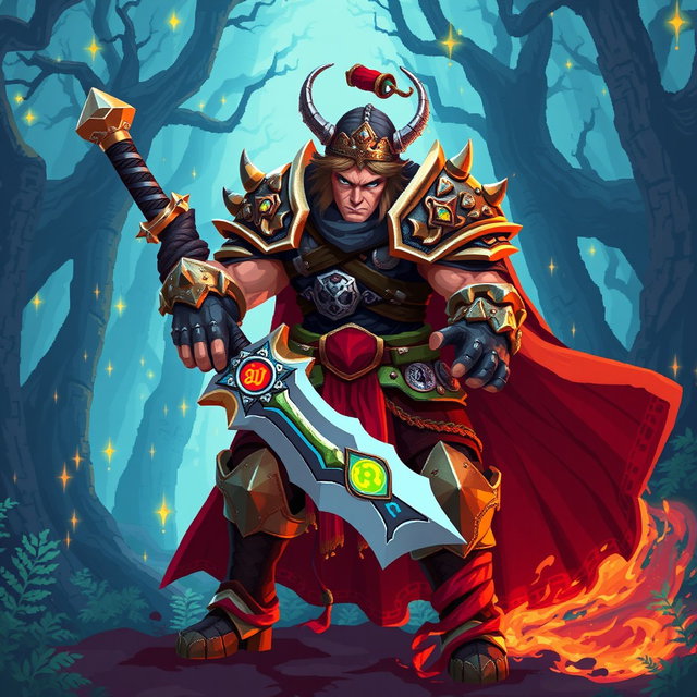 A highly detailed epic pixel art warrior character designed for RPG games, featuring a muscular build dressed in ornate armor, with a fierce expression