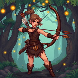 A beautifully crafted pixel art archer character designed for RPG games, showcasing an agile and athletic build