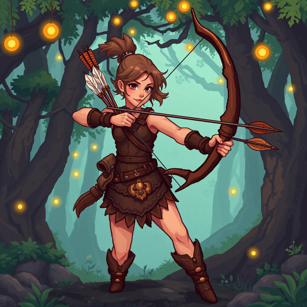 A beautifully crafted pixel art archer character designed for RPG games, showcasing an agile and athletic build