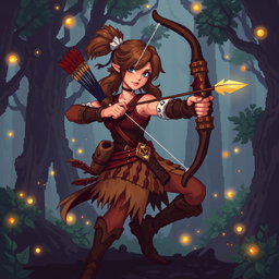 A beautifully crafted pixel art archer character designed for RPG games, showcasing an agile and athletic build