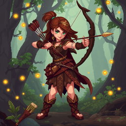 A beautifully crafted pixel art archer character designed for RPG games, showcasing an agile and athletic build