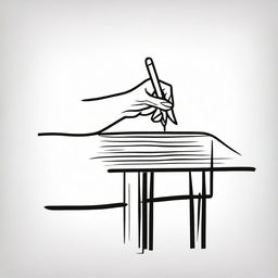 A stick-figure-style drawing featuring a hand reaching for a pen on a table.