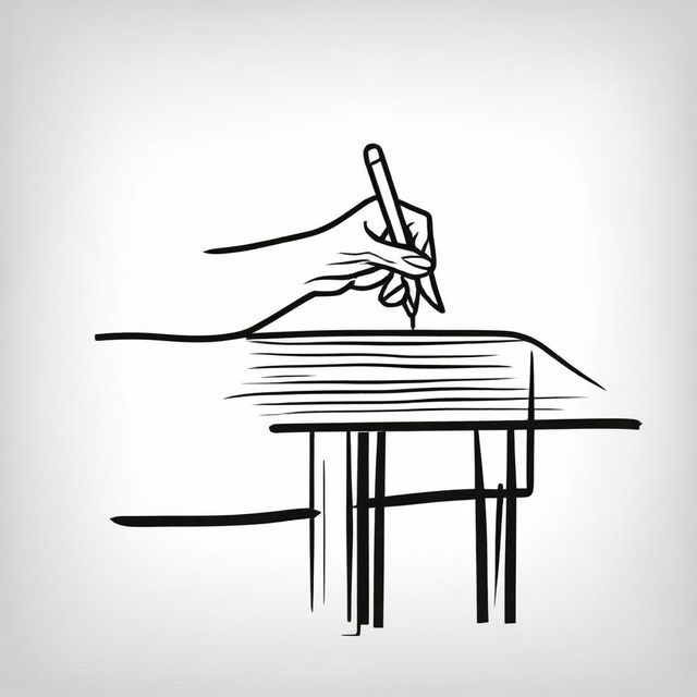 A stick-figure-style drawing featuring a hand reaching for a pen on a table.