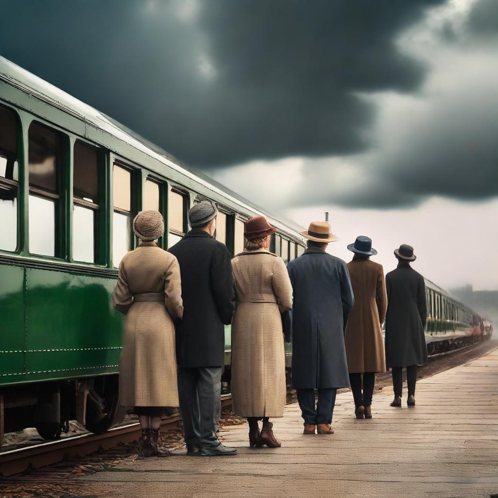 Multiple couples, expressing happiness and anticipation, standing on a vintage train station platform, eagerly awaiting the arrival of an impending train under a moody sky.