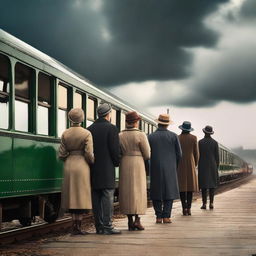 Multiple couples, expressing happiness and anticipation, standing on a vintage train station platform, eagerly awaiting the arrival of an impending train under a moody sky.