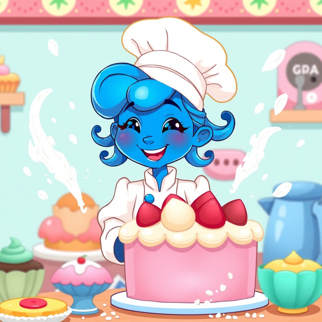 A whimsical cartoon of a blue-skinned girl dressed as a chef, wearing a traditional white chef's coat and a tall chef hat