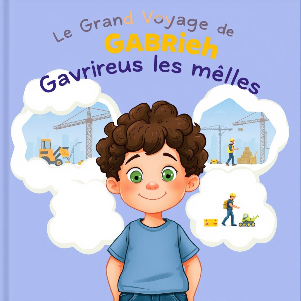 A children's book cover illustration featuring Gabriel, a 6-year-old boy with curly brown hair and green eyes at the center