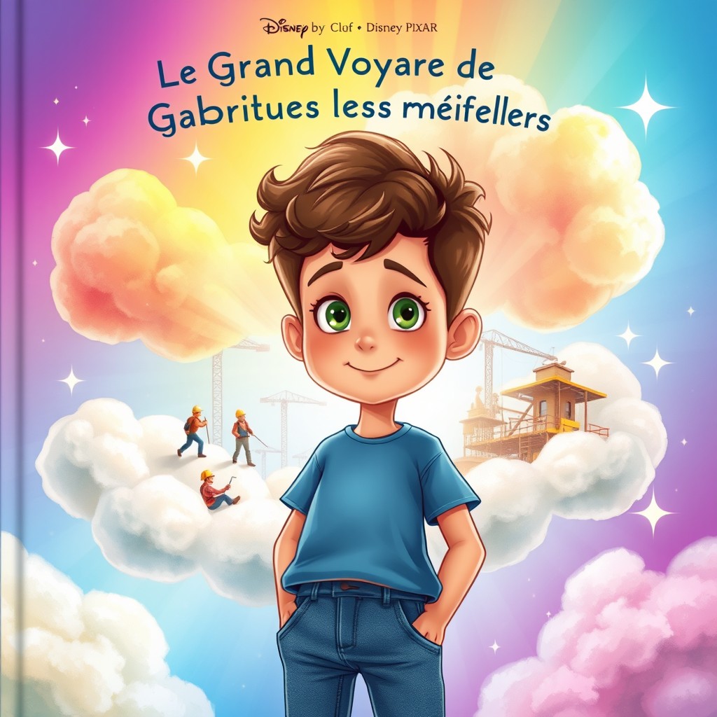 A children's book cover illustration featuring Gabriel, a 6-year-old boy with curly brown hair and green eyes at the center