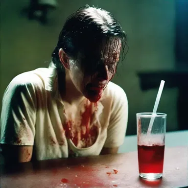 In the horror movie, the character takes a sip of sparkling water only to discover it's been replaced with blood.