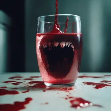In the horror movie, the character takes a sip of sparkling water only to discover it's been replaced with blood.