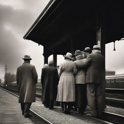 Multiple couples, expressing happiness and anticipation, standing on a vintage train station platform, eagerly awaiting the arrival of an impending train under a moody sky.