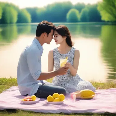 In the heartwarming cinema scene, the couple enjoys a romantic picnic by the lake, savoring the refreshing taste of sparkling water on a sunny afternoon.