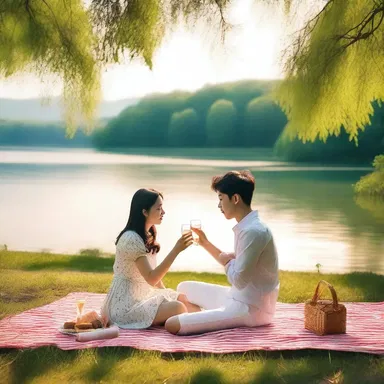 In the heartwarming cinema scene, the couple enjoys a romantic picnic by the lake, savoring the refreshing taste of sparkling water on a sunny afternoon.