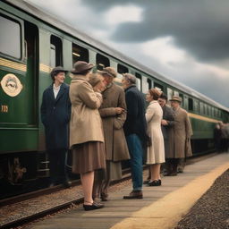 Multiple couples, expressing happiness and anticipation, standing on a vintage train station platform, eagerly awaiting the arrival of an impending train under a moody sky.