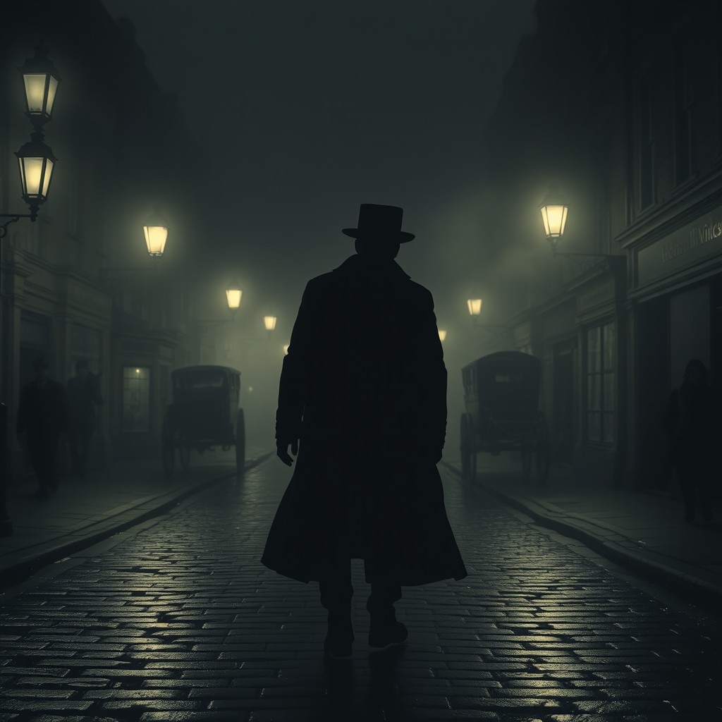 A dark and moody Victorian London street at night, shrouded in fog with gaslit street lamps casting an eerie glow