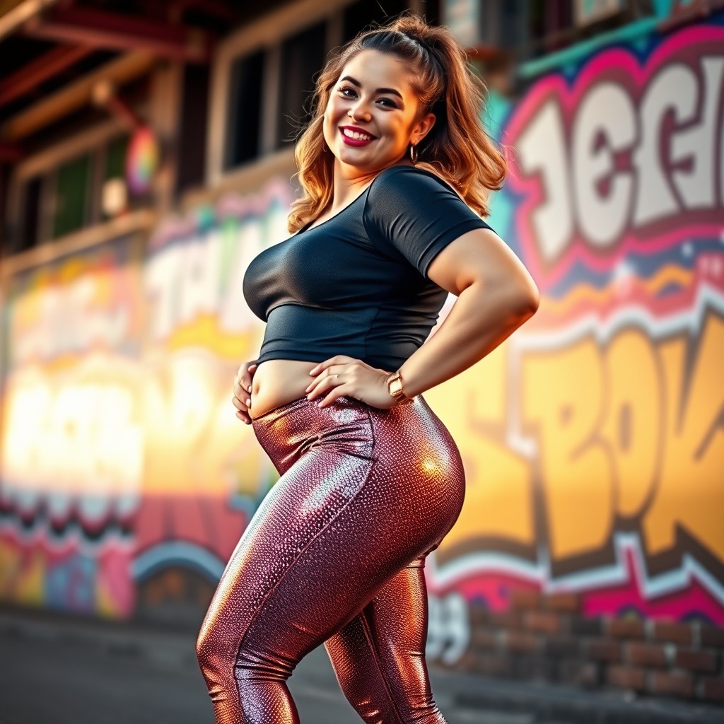 A chubby girl confidently posing in stylish shimmer leggings that catch the light beautifully