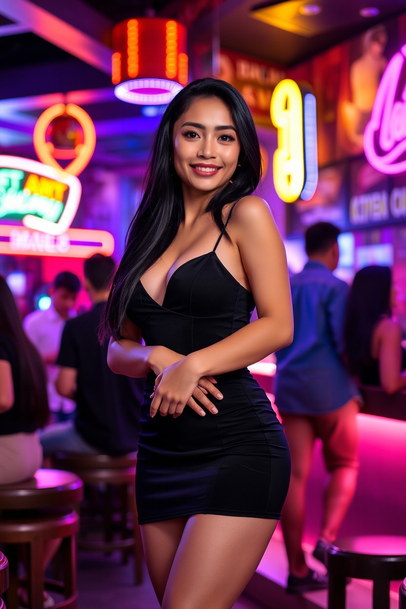 A beautiful Indonesian woman named Dewi, 24 years old, with long flowing black hair and fair skin