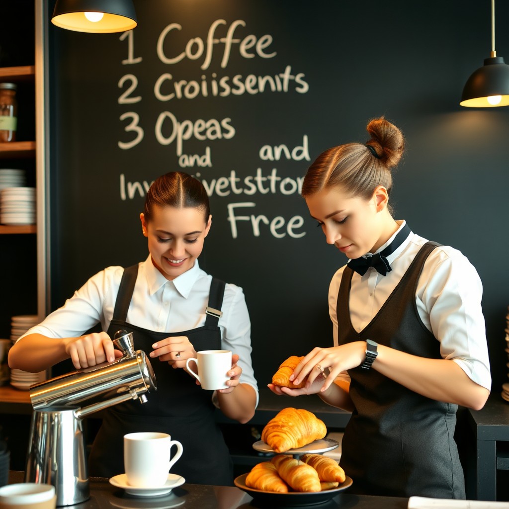A cozy coffee shop interior featuring two baristas in stylish uniforms preparing coffee